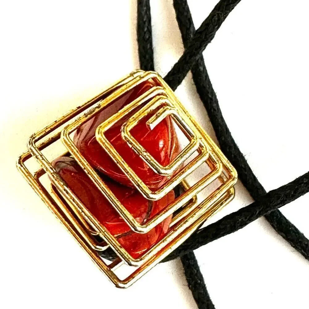 Red jasper gold tone caged pendant necklace